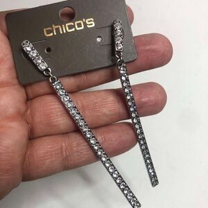 1338 Chico's silver tone long drop CZ bar linear earrings 3-1/2" long